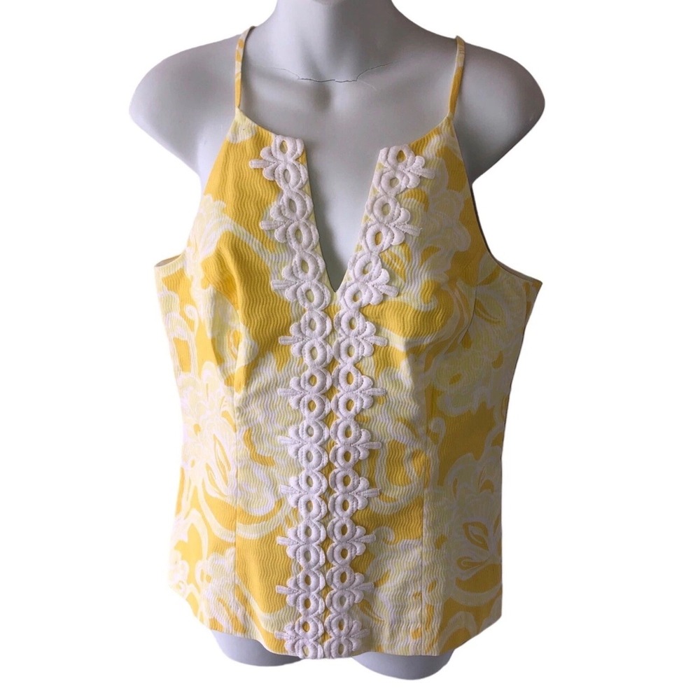 Lilly Pulitzer Yellow Floral Seersucker Lace Trim Halter Top Size 10